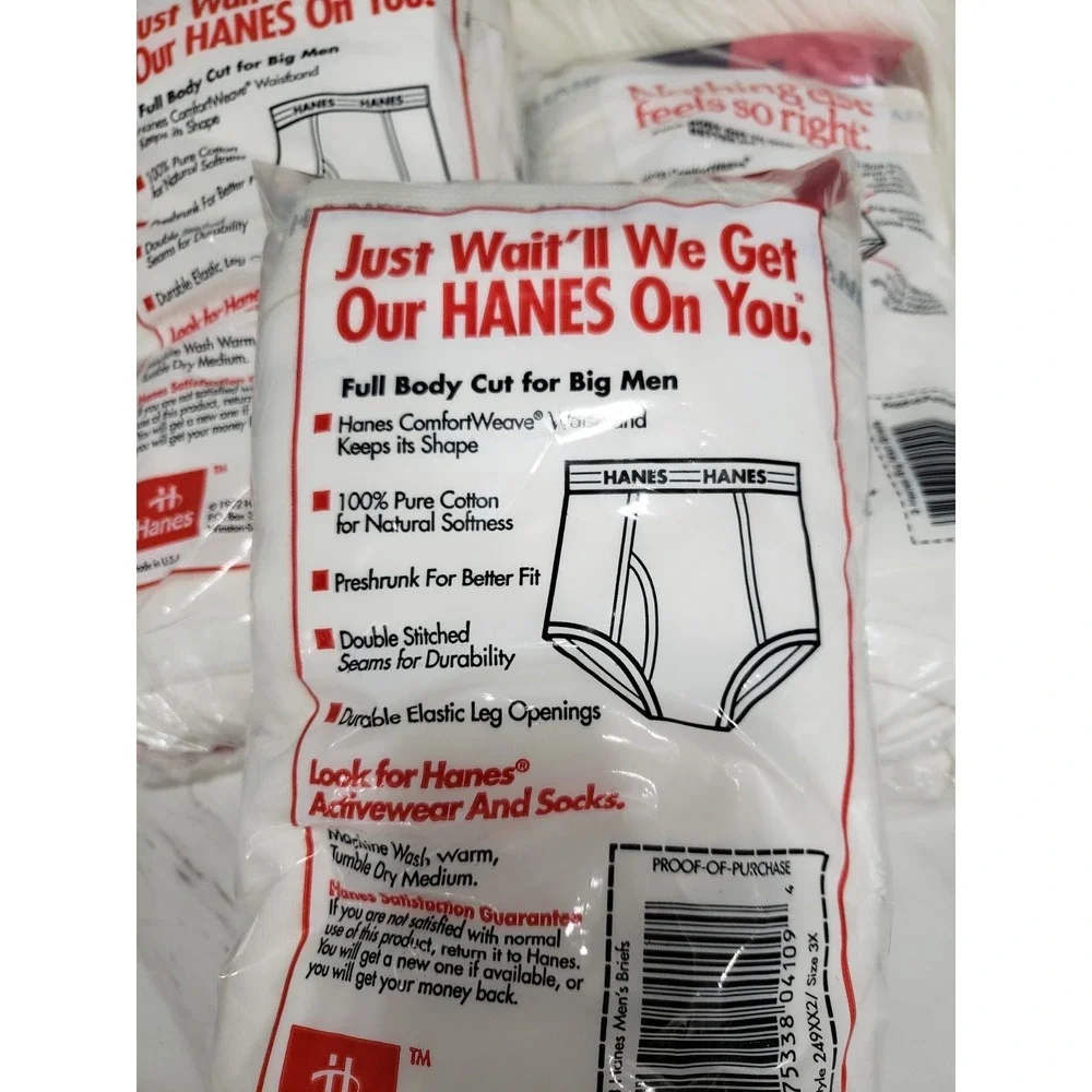 9 PAIR VTG 1990 Hanes Underwear Big Man Briefs Men 3XL 50-52 Deadstock White